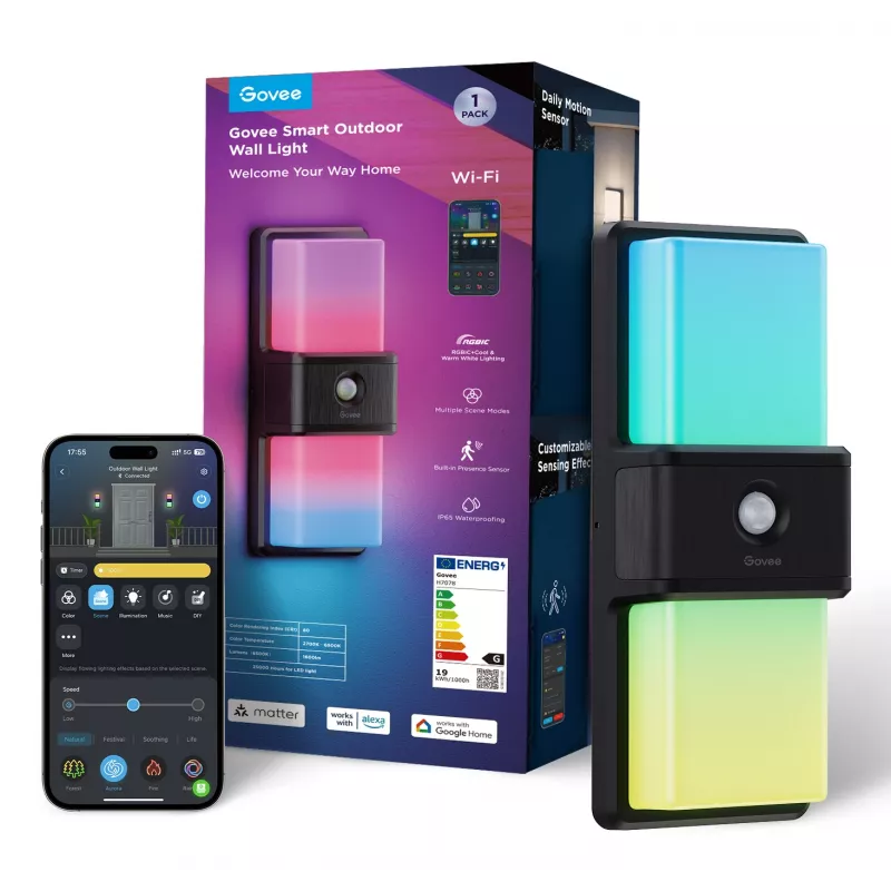 Govee H7078CD1 išmanus lauko sieninis šviestuvas su RGB spalvų keitimu, Wi‑Fi / išmanus valdymas