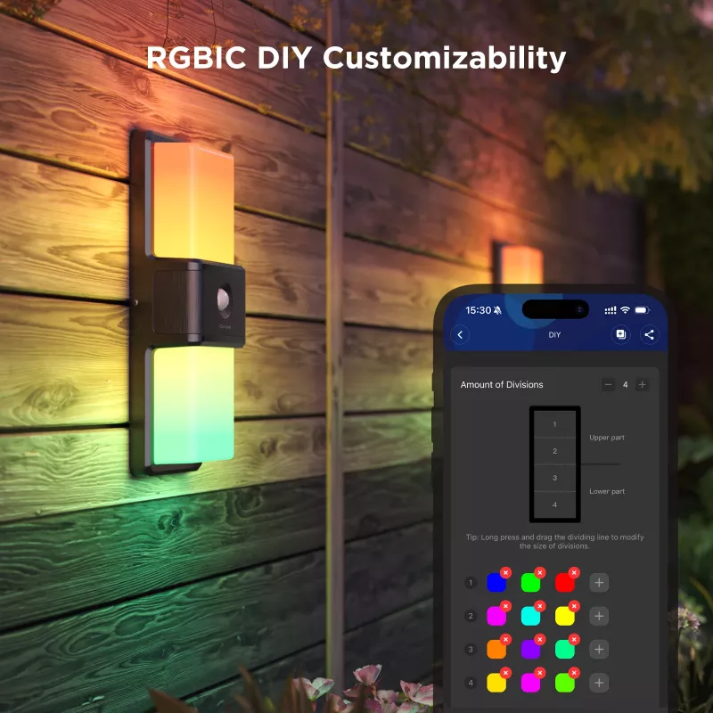 Govee H7078CD1 išmanus lauko sieninis šviestuvas su RGB spalvų keitimu, Wi‑Fi / išmanus valdymas