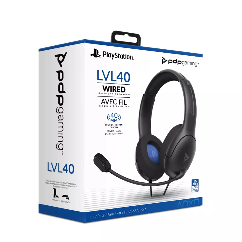 PDP LVL50 Laidinės ausinės PS4 baltos – 50 mm tvarkyklė, laidinės, žaidimų ausinės, juodos