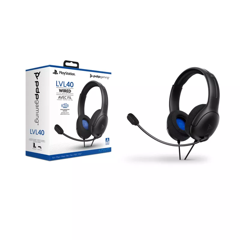 PDP LVL50 Laidinės ausinės PS4 baltos – 50 mm tvarkyklė, laidinės, žaidimų ausinės, juodos