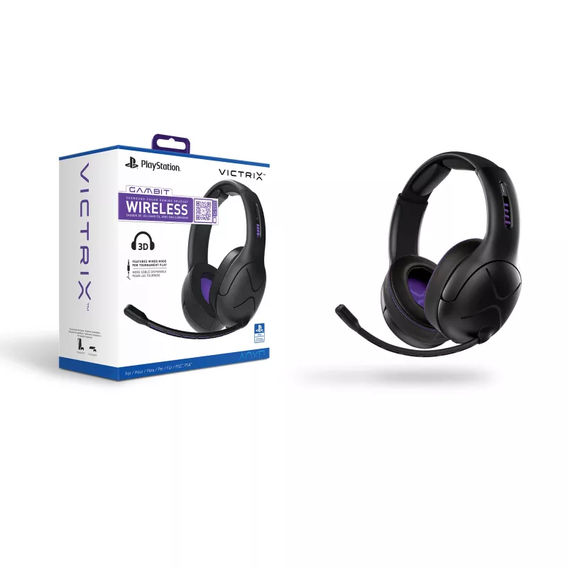 Žaidimų ausinės VICTRIX Gambit Wireless – belaidės ir laidinės, 20–20000 Hz, 2 m laidas, 301 g, juodos/violetinės