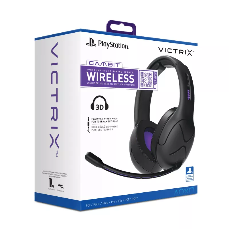 Žaidimų ausinės VICTRIX Gambit Wireless – belaidės ir laidinės, 20–20000 Hz, 2 m laidas, 301 g, juodos/violetinės
