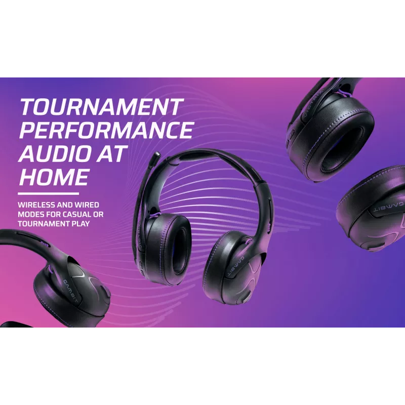 Žaidimų ausinės VICTRIX Gambit Wireless – belaidės ir laidinės, 20–20000 Hz, 2 m laidas, 301 g, juodos/violetinės