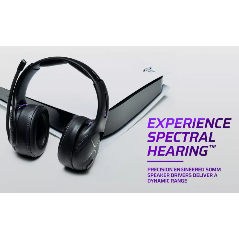 Žaidimų ausinės VICTRIX Gambit Wireless – belaidės ir laidinės, 20–20000 Hz, 2 m laidas, 301 g, juodos/violetinės