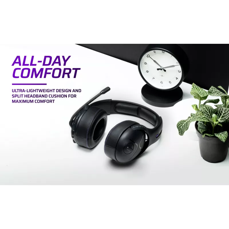 Žaidimų ausinės VICTRIX Gambit Wireless – belaidės ir laidinės, 20–20000 Hz, 2 m laidas, 301 g, juodos/violetinės