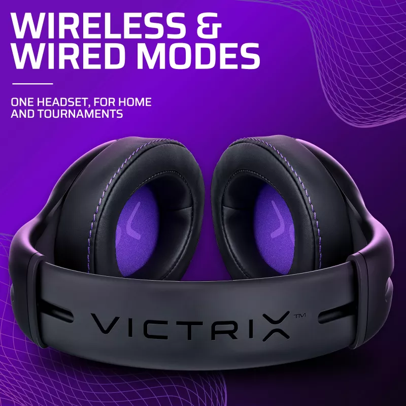 Žaidimų ausinės VICTRIX Gambit Wireless – belaidės ir laidinės, 20–20000 Hz, 2 m laidas, 301 g, juodos/violetinės