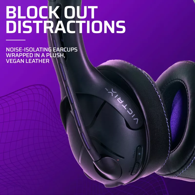 Žaidimų ausinės VICTRIX Gambit Wireless – belaidės ir laidinės, 20–20000 Hz, 2 m laidas, 301 g, juodos/violetinės