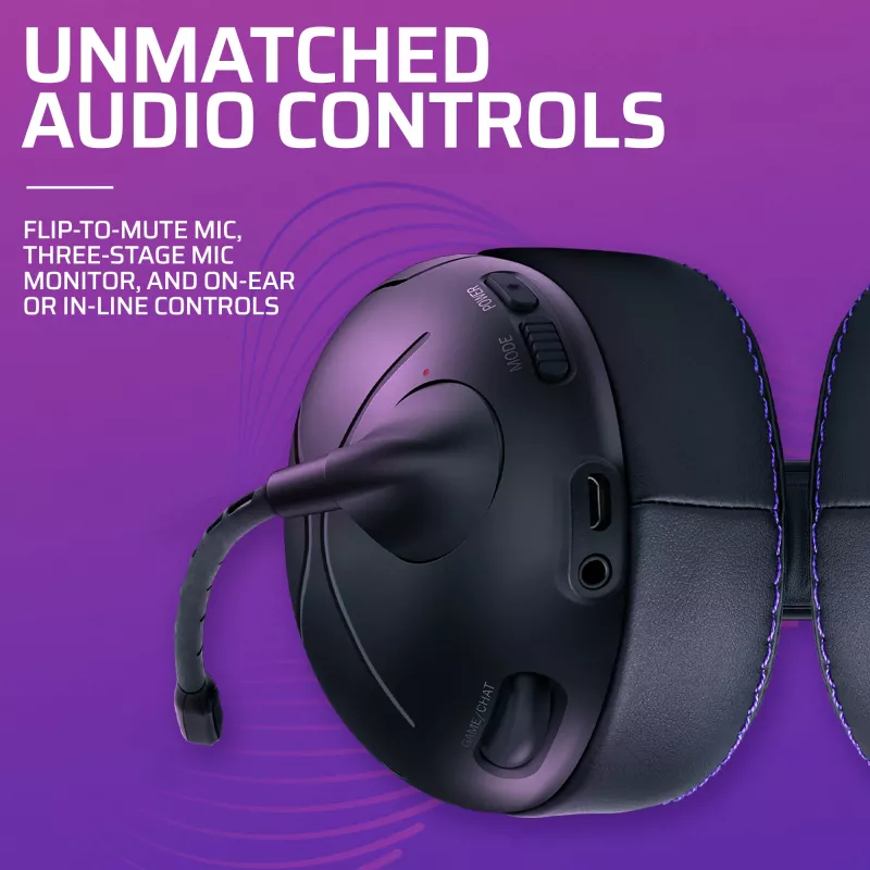 Žaidimų ausinės VICTRIX Gambit Wireless – belaidės ir laidinės, 20–20000 Hz, 2 m laidas, 301 g, juodos/violetinės