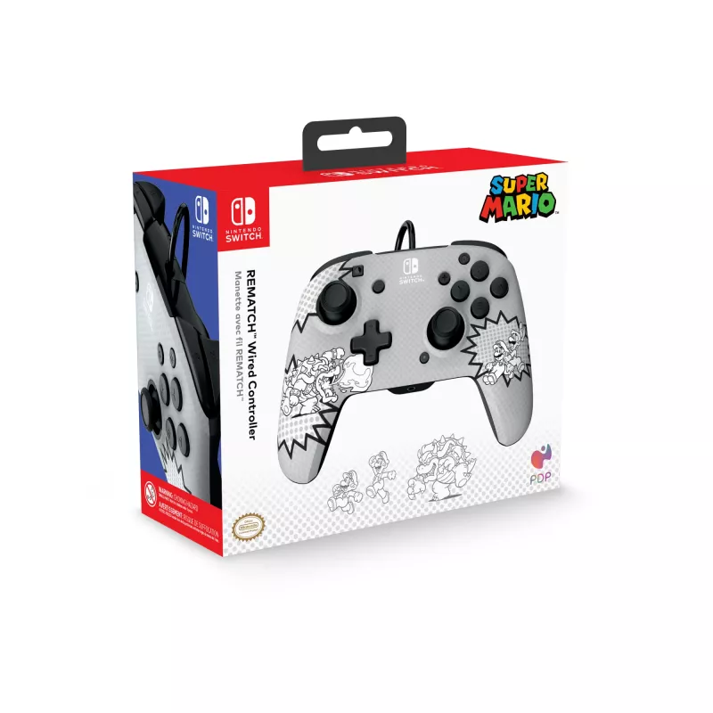 PDP REMATCH: Comic Attack juodas, pilkas, baltas USB valdiklis Nintendo Switch, Nintendo Switch OLED
