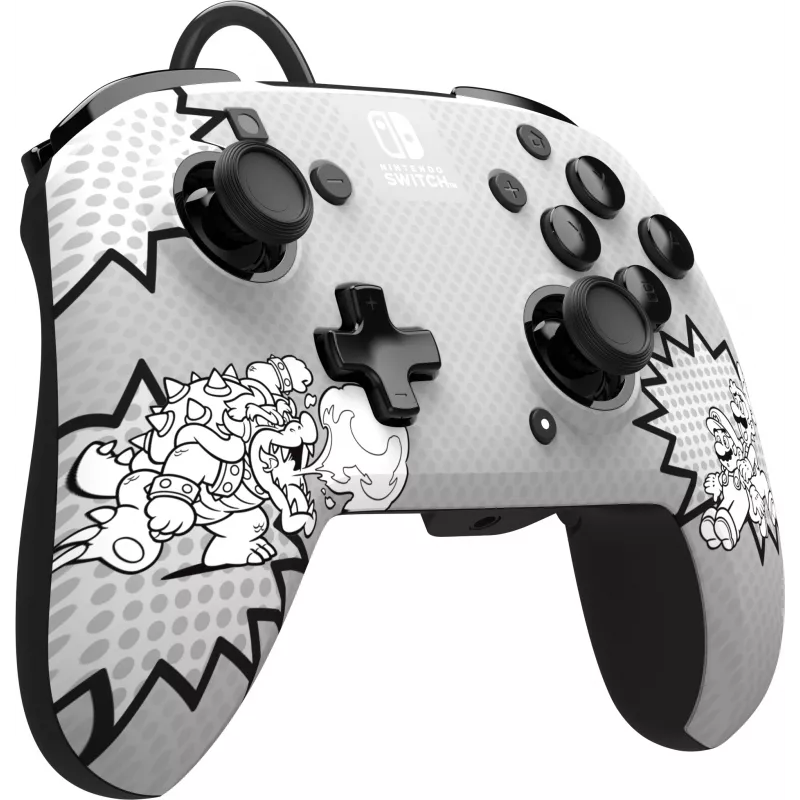 PDP REMATCH: Comic Attack juodas, pilkas, baltas USB valdiklis Nintendo Switch, Nintendo Switch OLED