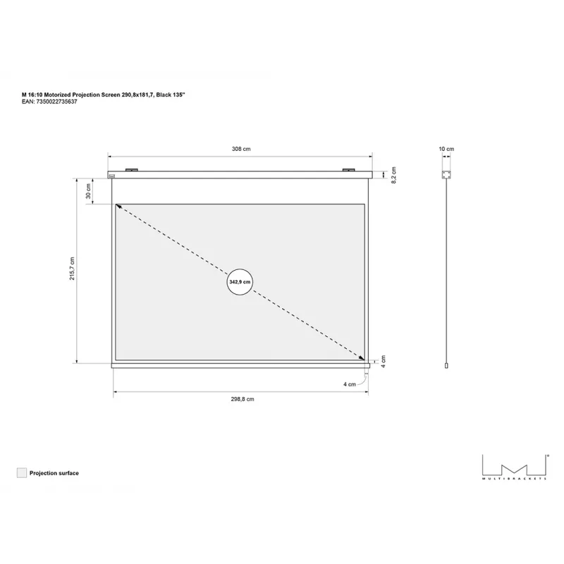 Motorizuotas projektorinis ekranas MULTIBRACKETS M 16:10 135 col. – matinis baltas paviršius, matomas plotis 2,91 m