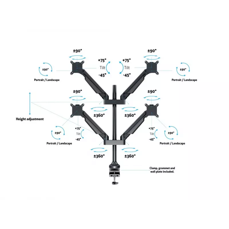 Monitoriaus ranka MULTIBRACKETS M VESA Gas Lift Arm Quad Black HD — spaustuvas/varžtas, 84 kg, VESA 75×75–100×100, 15–32 colių, pakreipimas -45°–75°