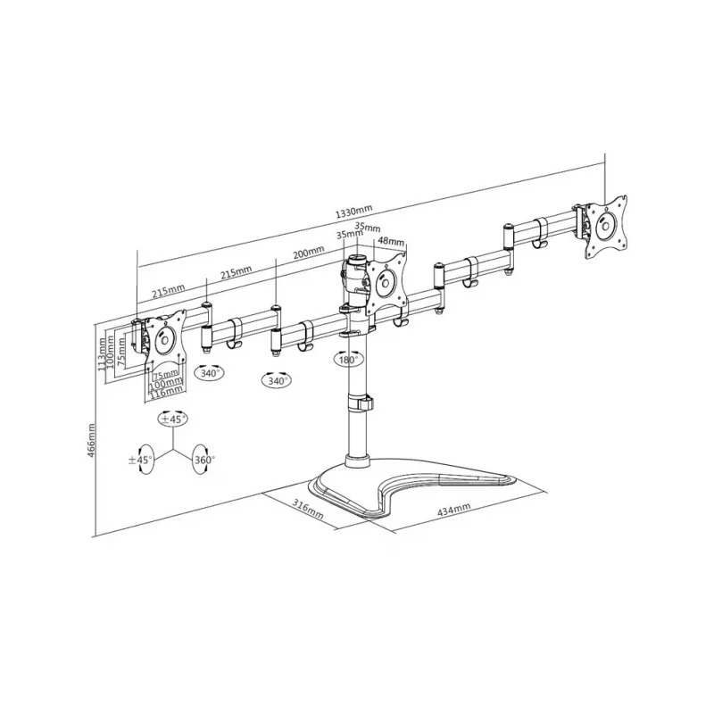 Monitorų stovas MULTIBRACKETS M Deskstand Basic Triple — 3 vietų, VESA 75x75–100x100, iki 24 kg, 15–27 colių ekranams, juodas