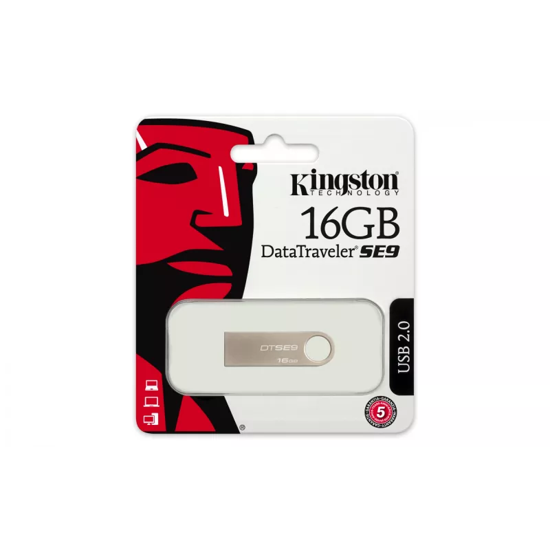 USB atmintukas KINGSTON DataTraveler SE9 16GB — USB Type-A 2.0, sidabrinis, be dangtelio