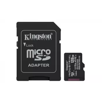 Kingston 128GB Industrial MicroSDXC atminties kortelė C10 A1 pSLC UHS-I, 100MB/s skaitymas, 80MB/s rašymas, V30/U3, juoda + SD adapteris
