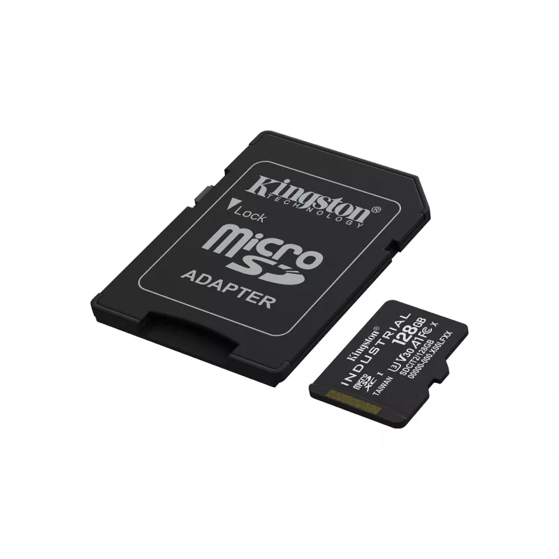 Kingston 128GB Industrial MicroSDXC atminties kortelė C10 A1 pSLC UHS-I, 100MB/s skaitymas, 80MB/s rašymas, V30/U3, juoda + SD adapteris