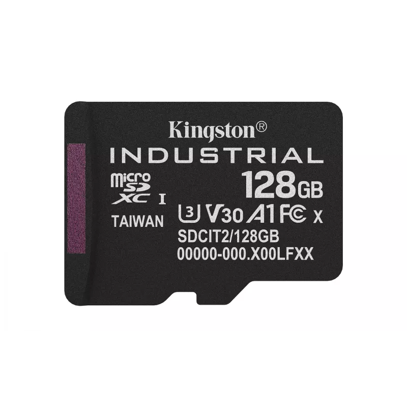 Kingston 128GB Industrial MicroSDXC atminties kortelė C10 A1 pSLC UHS-I, 100MB/s skaitymas, 80MB/s rašymas, V30/U3, juoda + SD adapteris