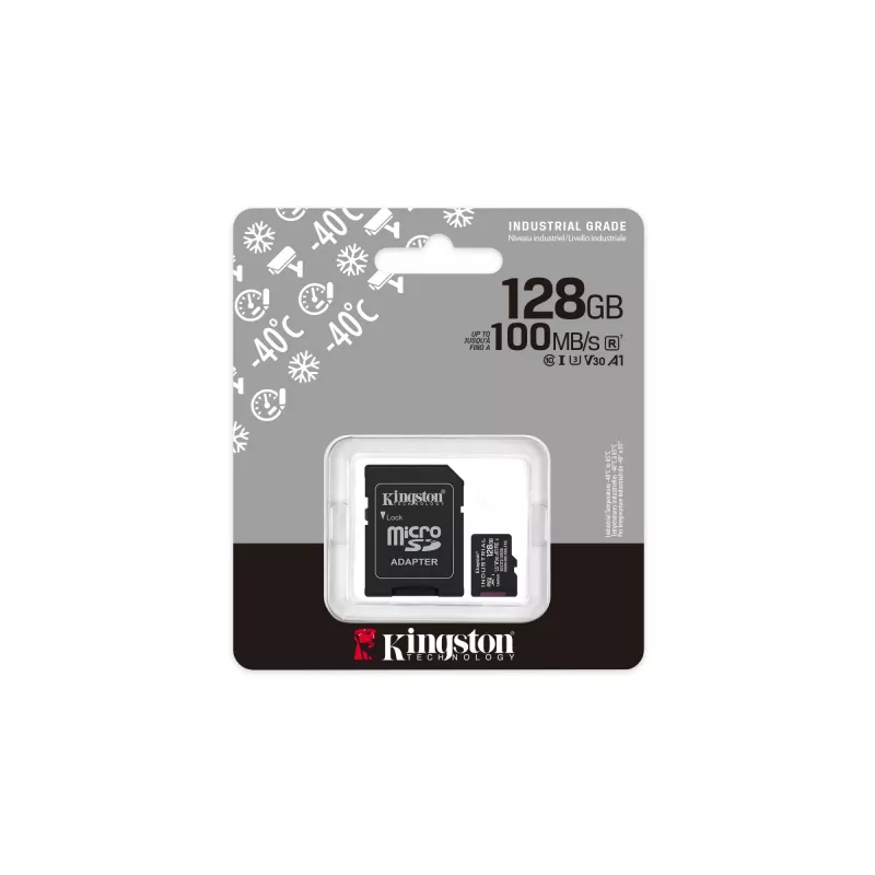 Kingston 128GB Industrial MicroSDXC atminties kortelė C10 A1 pSLC UHS-I, 100MB/s skaitymas, 80MB/s rašymas, V30/U3, juoda + SD adapteris