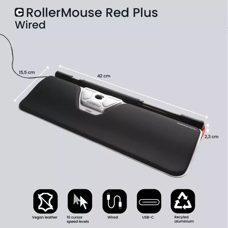 Contour Design RollerMouse Red Plus, centrinė pelė, laidinė, USB-C, ergonomiška, dešinei ir kairei rankai