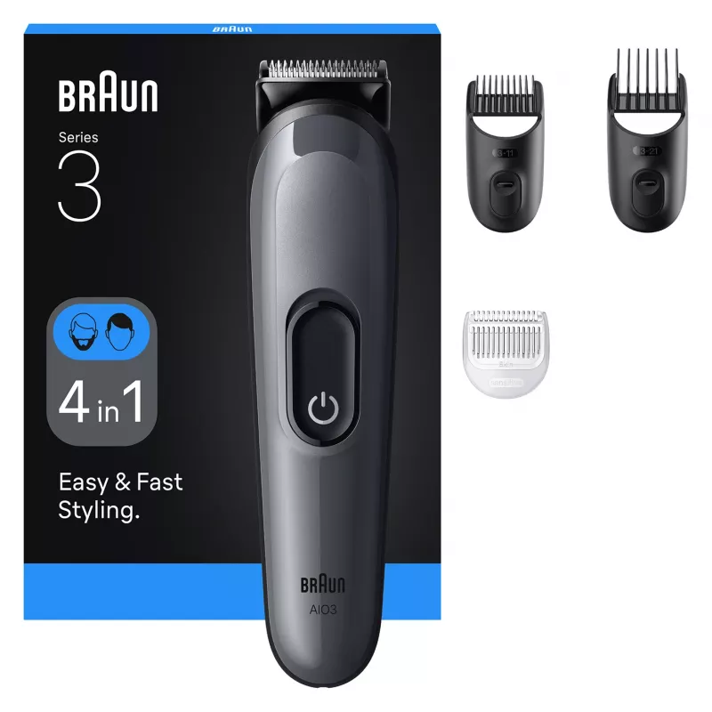Braun AIO3500 daugiafunkcis kirpimo ir barzdos formavimo rinkinys, juoda/pilka, 14 ilgio nustatymų, NiMH