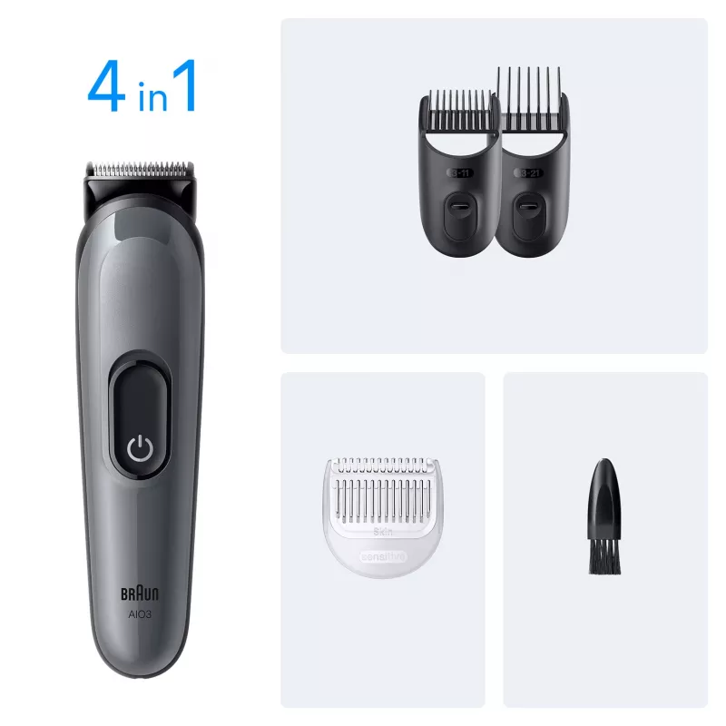 Braun AIO3500 daugiafunkcis kirpimo ir barzdos formavimo rinkinys, juoda/pilka, 14 ilgio nustatymų, NiMH