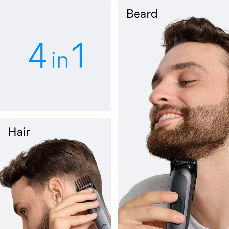 Braun AIO3500 daugiafunkcis kirpimo ir barzdos formavimo rinkinys, juoda/pilka, 14 ilgio nustatymų, NiMH