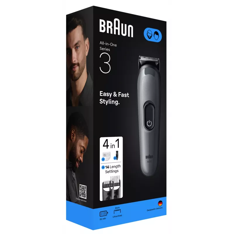 Braun AIO3500 daugiafunkcis kirpimo ir barzdos formavimo rinkinys, juoda/pilka, 14 ilgio nustatymų, NiMH