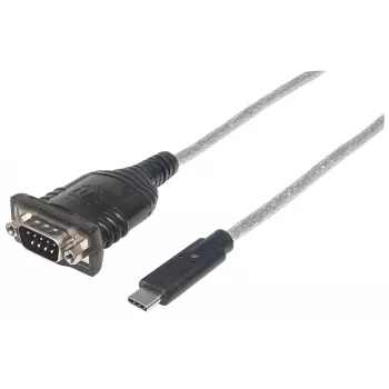 Manhattan USB-C į Serial konverteris, Vyriškas į Vyrišką, USB-C į Serial/RS232/COM/DB9, Prolific PL-2303RA lustas, 45 cm laidas, Sidabrinis/Juodas, Polietileninis maišelis