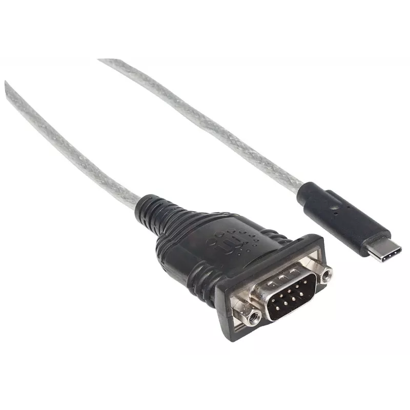 Manhattan USB-C į Serial konverteris, Vyriškas į Vyrišką, USB-C į Serial/RS232/COM/DB9, Prolific PL-2303RA lustas, 45 cm laidas, Sidabrinis/Juodas, Polietileninis maišelis