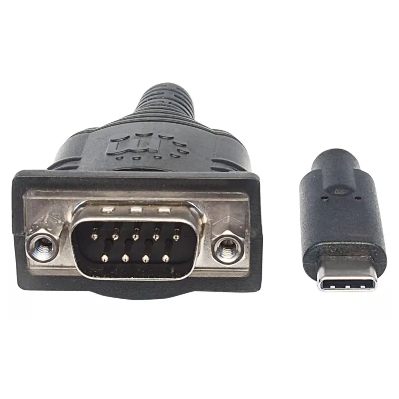 Manhattan USB-C į Serial konverteris, Vyriškas į Vyrišką, USB-C į Serial/RS232/COM/DB9, Prolific PL-2303RA lustas, 45 cm laidas, Sidabrinis/Juodas, Polietileninis maišelis