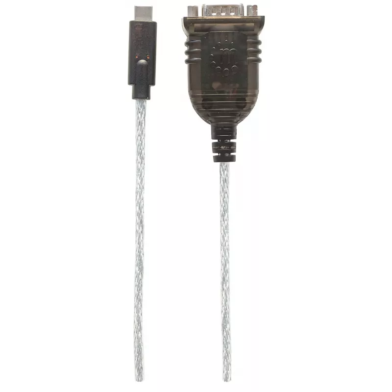 Manhattan USB-C į Serial konverteris, Vyriškas į Vyrišką, USB-C į Serial/RS232/COM/DB9, Prolific PL-2303RA lustas, 45 cm laidas, Sidabrinis/Juodas, Polietileninis maišelis