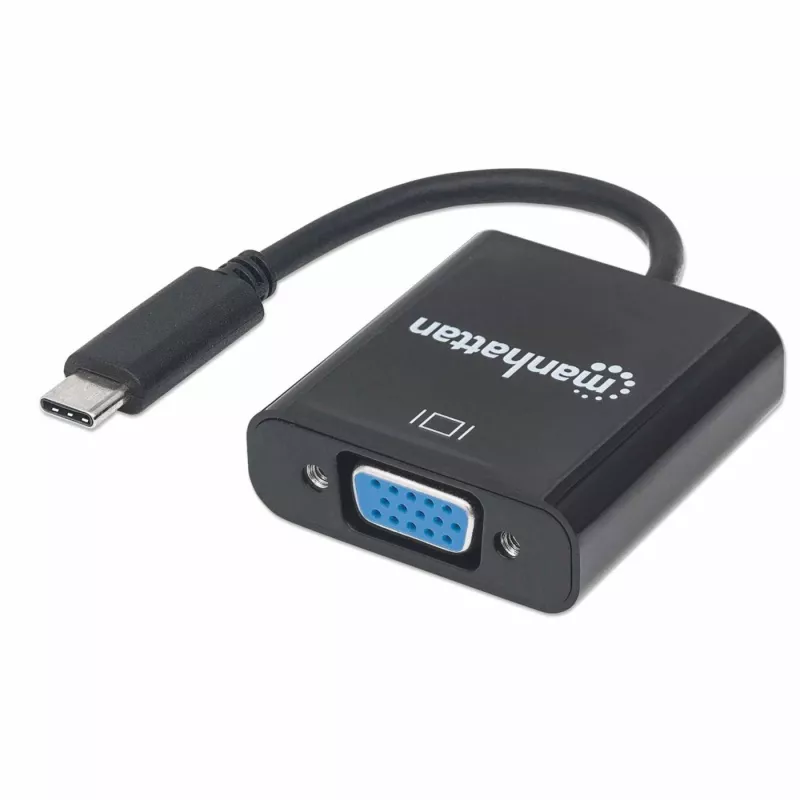 Manhattan USB-C į VGA keitiklio kabelis, 1080p@60Hz, juodas, 8cm, kištukas į lizdą, visą gyvenimą trunkanti garantija
