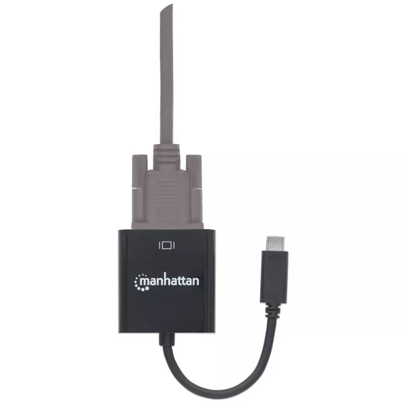 Manhattan USB-C į VGA keitiklio kabelis, 1080p@60Hz, juodas, 8cm, kištukas į lizdą, visą gyvenimą trunkanti garantija