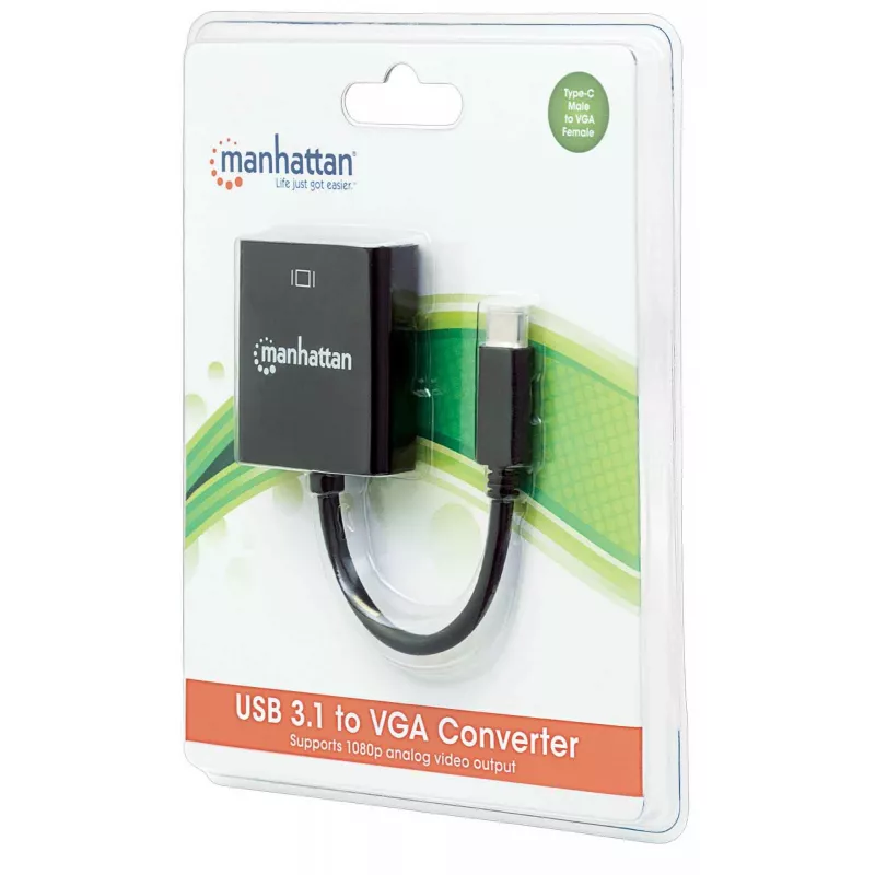 Manhattan USB-C į VGA keitiklio kabelis, 1080p@60Hz, juodas, 8cm, kištukas į lizdą, visą gyvenimą trunkanti garantija