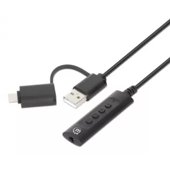 Manhattan USB-C ir USB-A į 3,5 mm stereo garso adapterio laidas, 2-in-1, kištukas į lizdą, 1 m, palaiko ausinių mikrofoną ir garsą, CTIA standartas, garsumo ir nutildymo valdymas, juoda