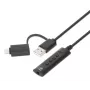 Manhattan USB-C ir USB-A į 3,5 mm stereo garso adapterio laidas, 2-in-1, kištukas į lizdą, 1 m, palaiko ausinių mikrofoną ir garsą, CTIA standartas, garsumo ir nutildymo valdymas, juoda