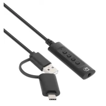 Manhattan USB-C ir USB-A į 3,5 mm stereo garso adapterio laidas, 2-in-1, kištukas į lizdą, 1 m, palaiko ausinių mikrofoną ir garsą, CTIA standartas, garsumo ir nutildymo valdymas, juoda