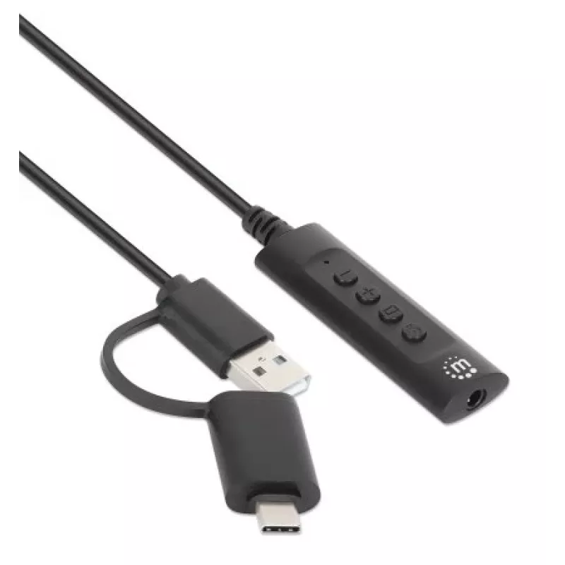 Manhattan USB-C ir USB-A į 3,5 mm stereo garso adapterio laidas, 2-in-1, kištukas į lizdą, 1 m, palaiko ausinių mikrofoną ir garsą, CTIA standartas, garsumo ir nutildymo valdymas, juoda