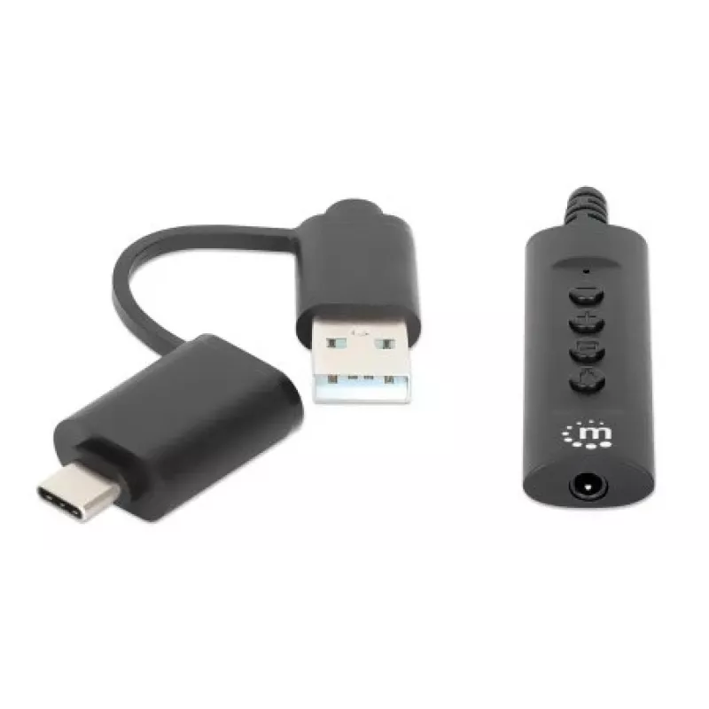 Manhattan USB-C ir USB-A į 3,5 mm stereo garso adapterio laidas, 2-in-1, kištukas į lizdą, 1 m, palaiko ausinių mikrofoną ir garsą, CTIA standartas, garsumo ir nutildymo valdymas, juoda