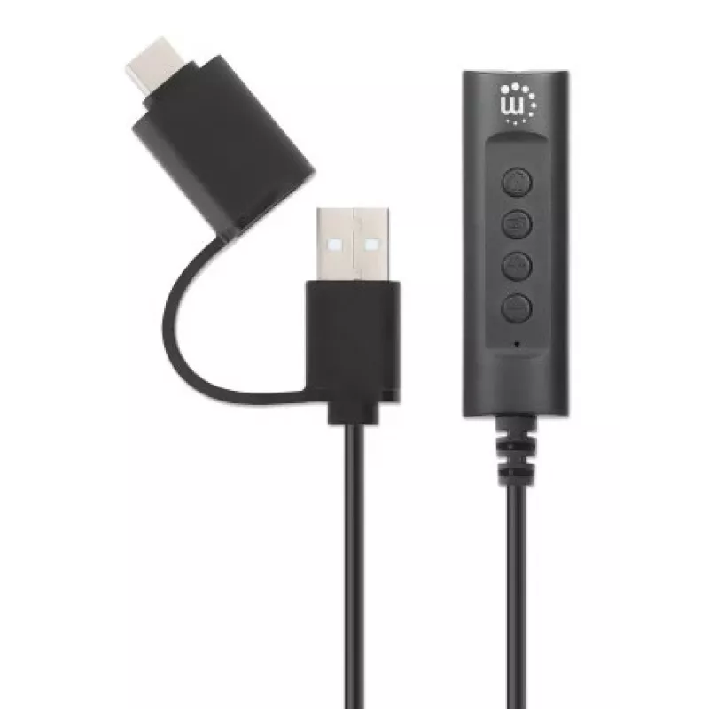 Manhattan USB-C ir USB-A į 3,5 mm stereo garso adapterio laidas, 2-in-1, kištukas į lizdą, 1 m, palaiko ausinių mikrofoną ir garsą, CTIA standartas, garsumo ir nutildymo valdymas, juoda