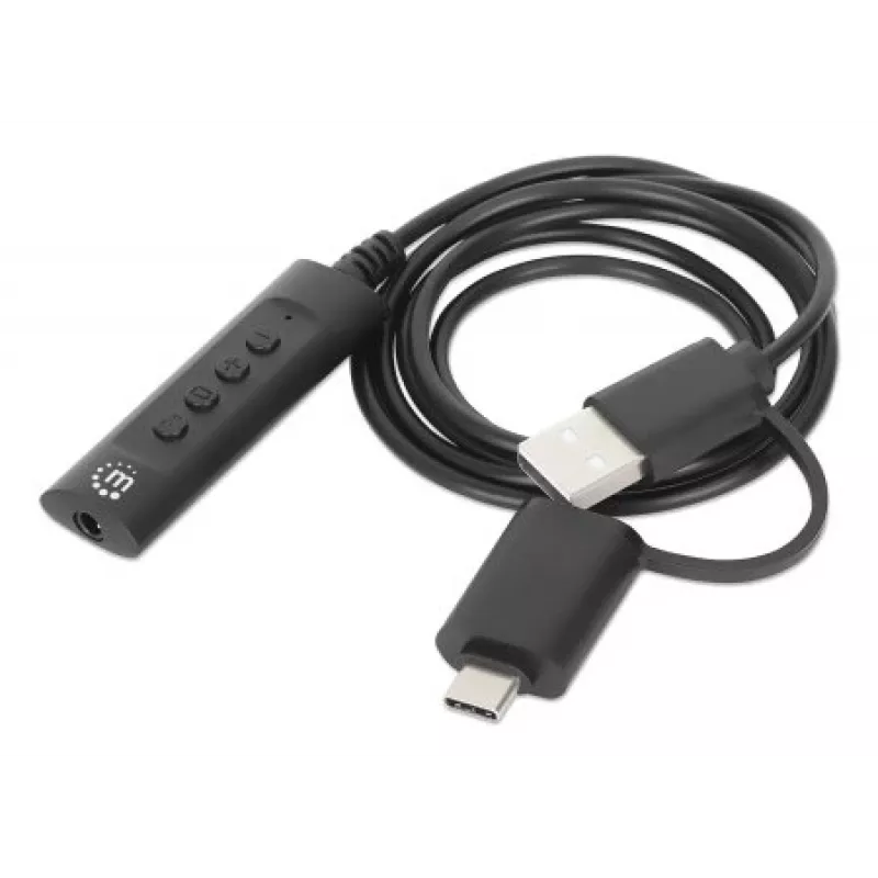 Manhattan USB-C ir USB-A į 3,5 mm stereo garso adapterio laidas, 2-in-1, kištukas į lizdą, 1 m, palaiko ausinių mikrofoną ir garsą, CTIA standartas, garsumo ir nutildymo valdymas, juoda
