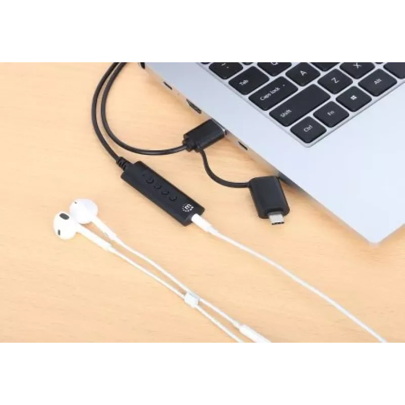 Manhattan USB-C ir USB-A į 3,5 mm stereo garso adapterio laidas, 2-in-1, kištukas į lizdą, 1 m, palaiko ausinių mikrofoną ir garsą, CTIA standartas, garsumo ir nutildymo valdymas, juoda