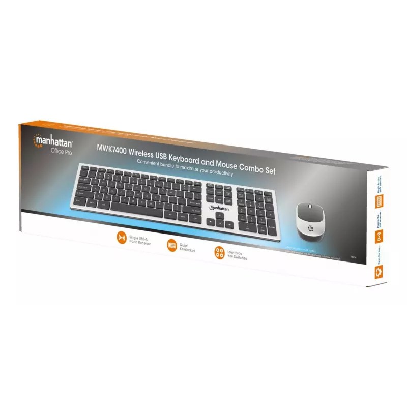 Manhattan MWK7400 Belaidis klaviatūros ir pelės rinkinys, USB-A nano imtuvas, 1200 dpi, sidabrinis/juodas