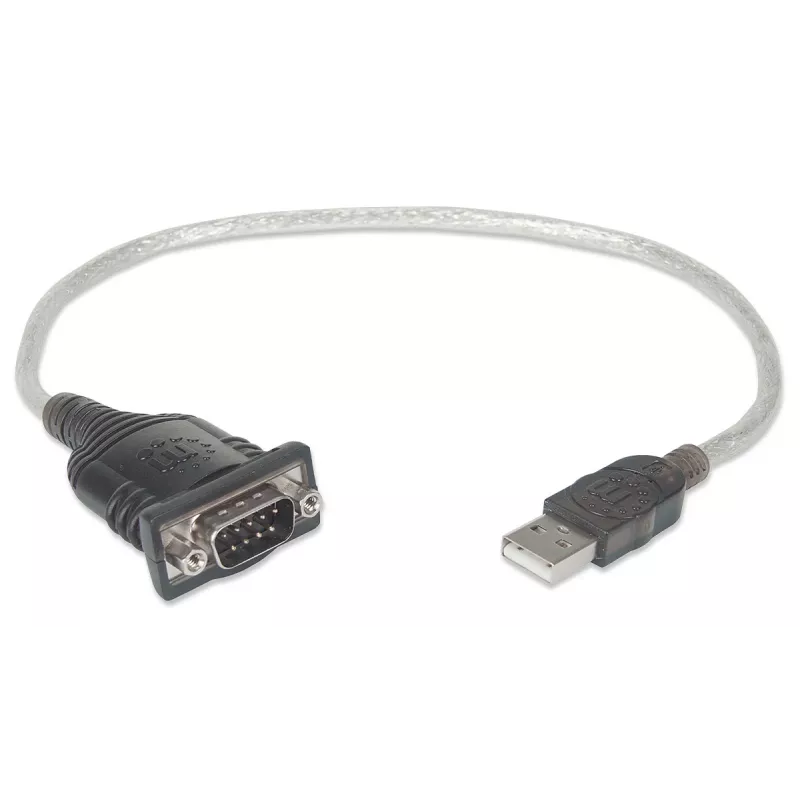 Manhattan USB-A į Serial keitiklio laidas, 45 cm, Vyriškas į Vyrišką, Serial/RS232/COM/DB9, Prolific PL-2303RA mikroschema, Juodas/Sidabrinis laidas, Trejų metų garantija, Analogiškas ICUSB232V2