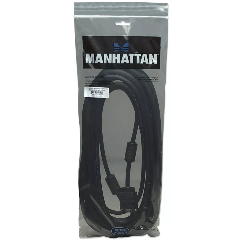 Manhattan VGA monitoro laidas su ferito šerdimis, 10 m, juodas, HD15, vyriškas į vyrišką