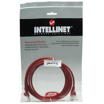 Intellinet tinklo kabelis, Cat5e, 5 m, raudonas, CCA, U/UTP, PVC, RJ45, paauksuoti kontaktai, su apsauga nuo užkliuvimo, su gaubtu, viso gyvenimo garantija