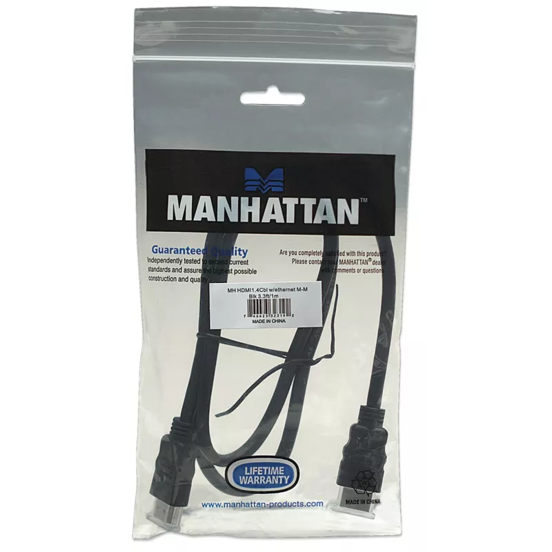 Manhattan HDMI 4K@30Hz laidas su Ethernet, 1 m, tinka visiems 1080p/HD ir daugumai 4K įrenginių (patikrinkite savo sistemos 4K specifikaciją), vyriškas į vyrišką, juodas, Ultra HD 4k x 2k, viso gyvenimo garantija, didelės spartos, atitinka HDMM1MHS