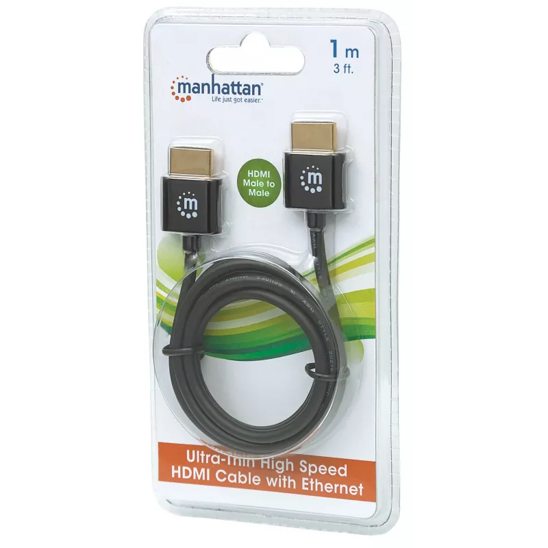 Manhattan HDMI kabelis su Ethernet (ypač plonas), 4K@60Hz (Premium High Speed), 1 m, vyriški kištukai, juodas
