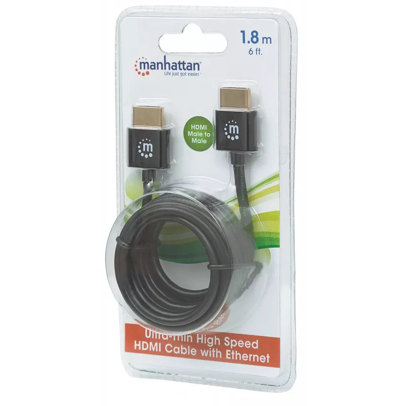 Manhattan HDMI laidas su Ethernet (ypač plonas), 4K@60Hz (Premium High Speed), 1,8 m, Kištukas–Kištukas, Juodas, Ultra HD 4k x 2k, Visiškai ekranuotas, Auksuoti kontaktai, Viso gyvenimo garantija