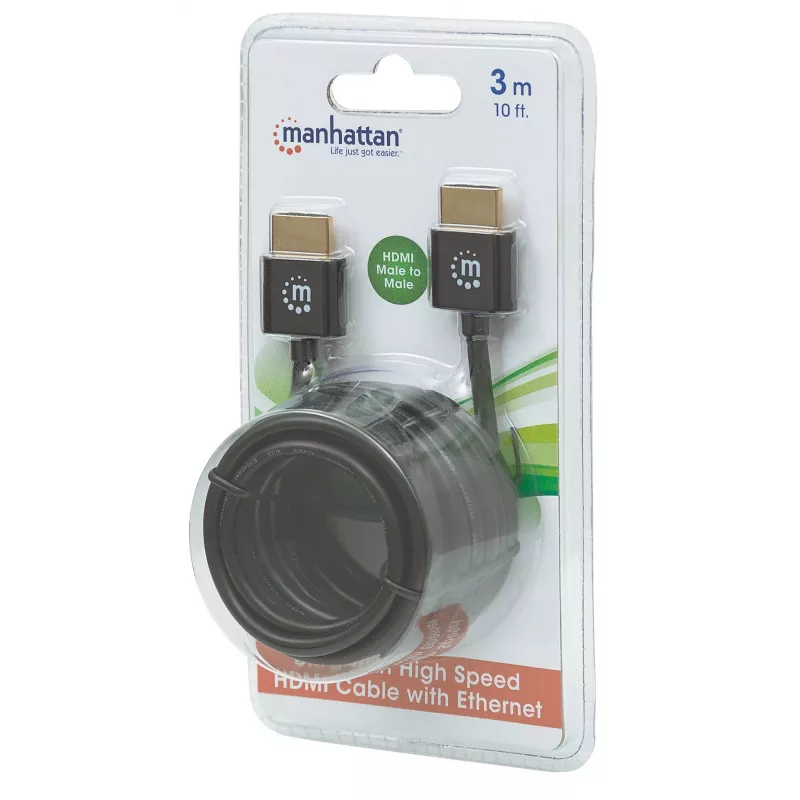 Manhattan HDMI kabelis su Ethernet (ypač plonas), 4K@60Hz (Premium High Speed), 3m, Kištukas–Kištukas, Juodas, Ultra HD 4k x 2k, Visiškai ekranuotas, Auksuoti kontaktai, Viso gyvenimo garantija
